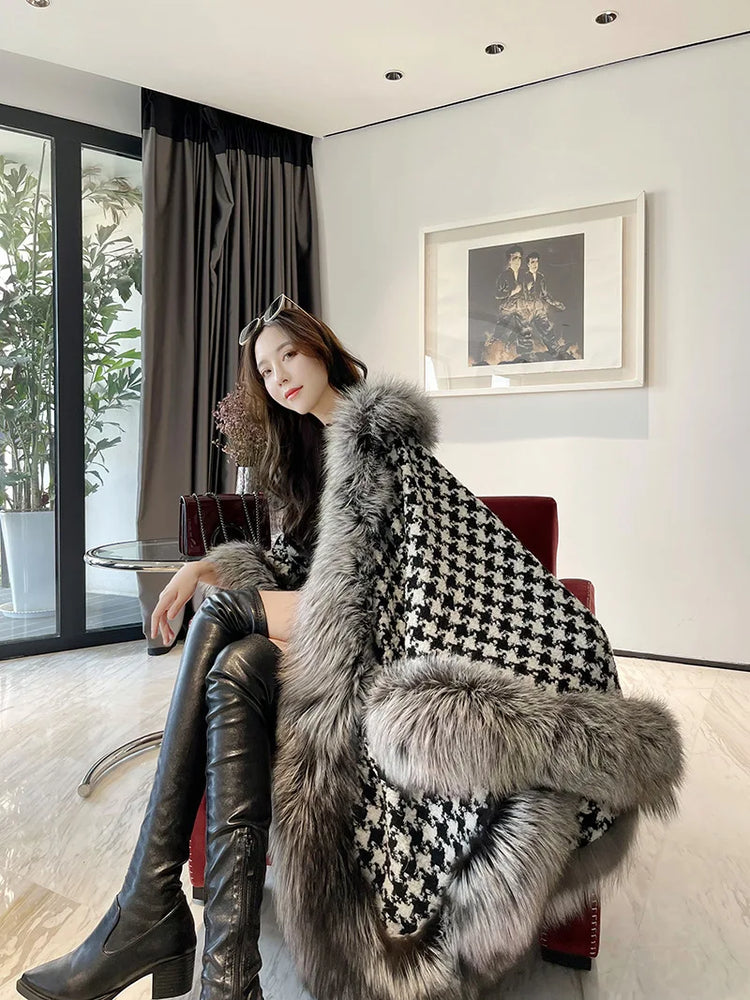 ZADORIN Autumn Winter Luxury Faux Fur Coat Women Elegant Houndstooth Tweed Warm Big Poncho Fur Shawl Cape Women Party Outerwear