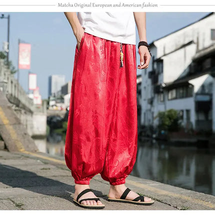 Vendite calde Pantaloni Da Uomo 2024 Nuovo Drago di Seta del Ghiaccio Fiore Scuro Bloomers Moda Allentata Gamba Larga Casual di Alta Qualità Pantaloni Maschili di Marca