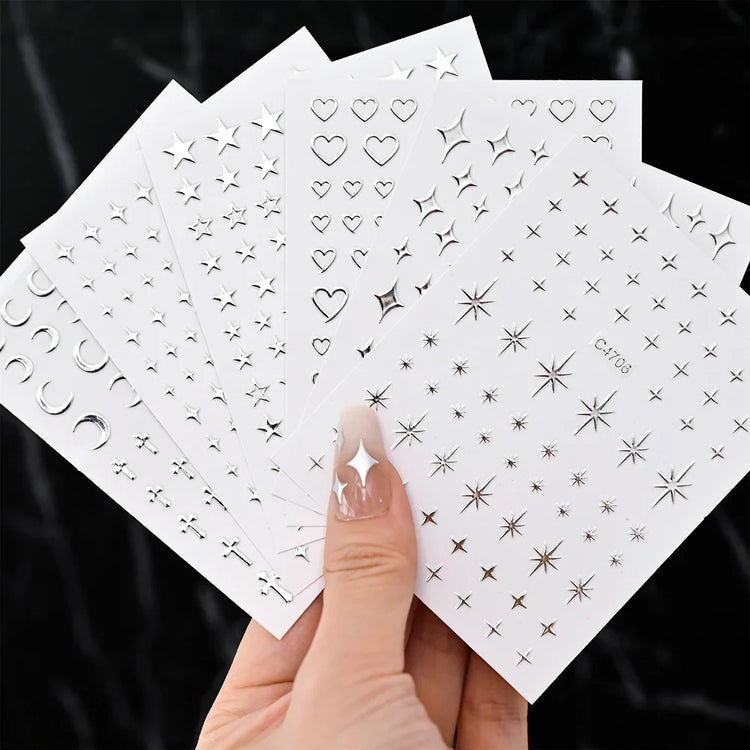 6Pcs/Set Metal Silver Star/Heart/Moon 3D Nail Art Stickers 8*10cm Hollow Love/Cross Self-Adhesive Slider Luxury Manicure Decals