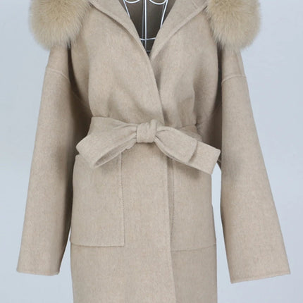 OFTBUY Omen Double Face Wool Coat Natural Fur Coat Wool Blend Jacket Winter Warm Elegant Long Sleeve Fur Cuffs Fashion Outerwear