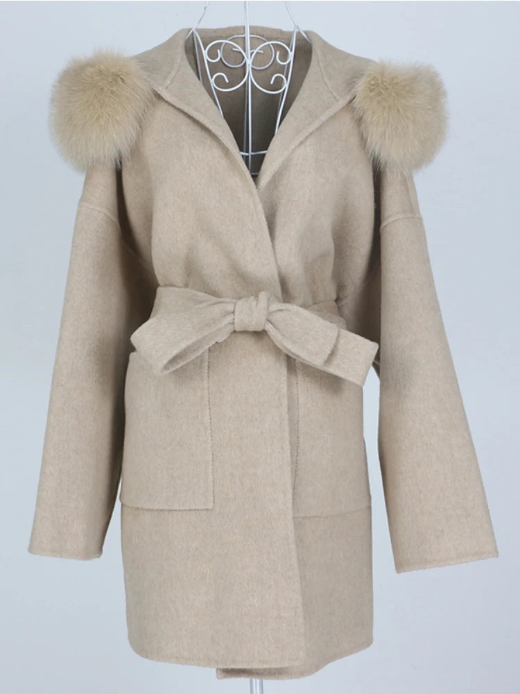 OFTBUY Omen Double Face Wool Coat Natural Fur Coat Wool Blend Jacket Winter Warm Elegant Long Sleeve Fur Cuffs Fashion Outerwear
