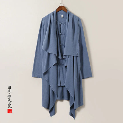 2025 Autunno Uomo Baggy Bello Fresco Trench Stile Cinese Mantello Camicie Moda Casual Lino Irregolare Mens Mantello Lungo Giacche a vento