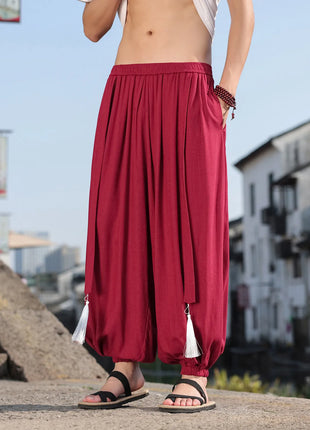 Pantaloni a Gamba Larga Stile Etnico per Uomo, Pantaloni in Lino Comodi e Traspiranti, Pantaloni da Ballo, Abbigliamento Casual Quotidiano, Pantaloni Hanfu, Taglie Fino a 8XL
