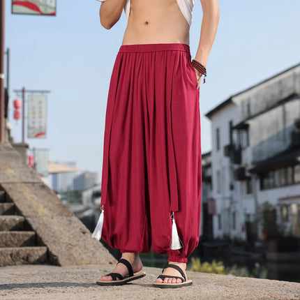 Pantaloni a Gamba Larga Stile Etnico per Uomo, Pantaloni in Lino Comodi e Traspiranti, Pantaloni da Ballo, Abbigliamento Casual Quotidiano, Pantaloni Hanfu, Taglie Fino a 8XL