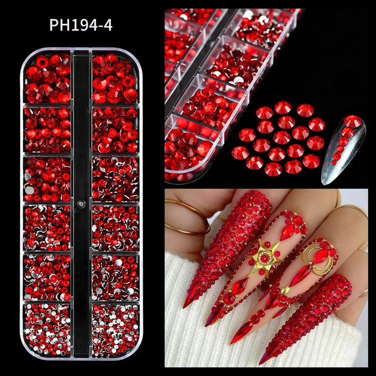 12 Grids Mixed Size Nail Rhinestones SS6 to SS30 Shiny Clear Gold Pink Blue Flat Back Glass Gems for DIY Nail Art Manicure Decoration Supply