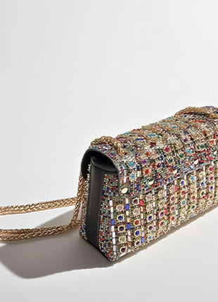 Fashionable Retro Diamond Studded Gold Chain Women's Crossbody Bag Handbag Dinner Bag Underarm Bag Single Shoulder Bag PlatiNum