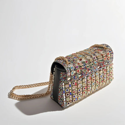 Fashionable Retro Diamond Studded Gold Chain Women's Crossbody Bag Handbag Dinner Bag Underarm Bag Single Shoulder Bag PlatiNum