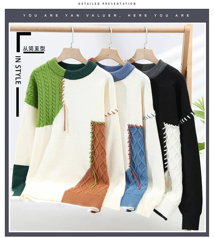 2025 New Patchwork Sweater Trend High Street Fashion Autumn and Winter Warm Men's Top Hip-hop Street Clothing