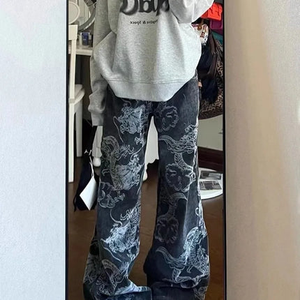 Donne Nero Gotico Drago Stampa Jeans Baggy Vintage Estetica Pantaloni Da Cowboy Harajuku Pantaloni In Denim Y2k Trashy 2000s Vestiti 2024