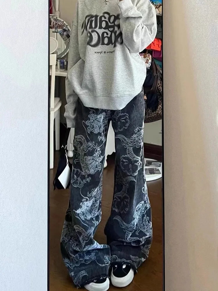 Donne Nero Gotico Drago Stampa Jeans Baggy Vintage Estetica Pantaloni Da Cowboy Harajuku Pantaloni In Denim Y2k Trashy 2000s Vestiti 2024