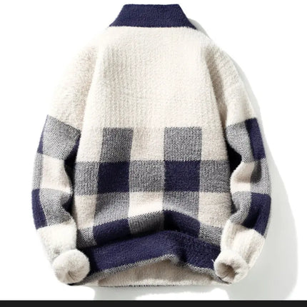 2023 Winter/Autumn Mink velvet High-Quality Fashion Trend Plaid Pattern Sweater Men Casual Loose Warm Sweaters Men Comfortable