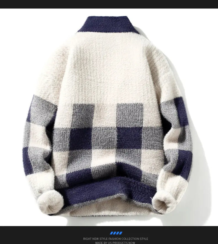2023 Winter/Autumn Mink velvet High-Quality Fashion Trend Plaid Pattern Sweater Men Casual Loose Warm Sweaters Men Comfortable