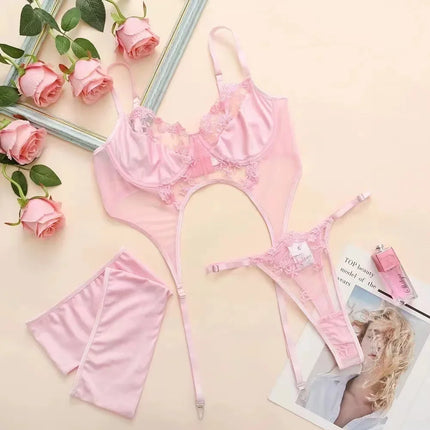 Sexy Fancy Lingerie Set Women Applique Split Underwear Beautiful Exotic Set Lace Intimate with Chain Pink Sexy Bra and Panty Set