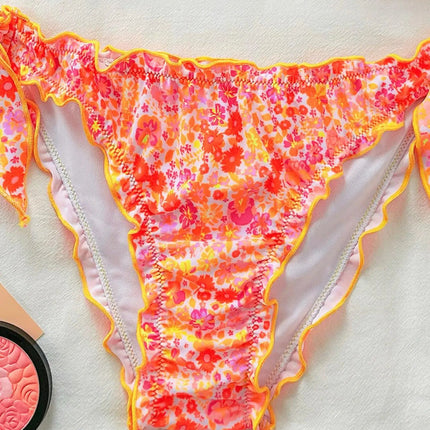 Nuovo Set Bikini Donna Estivo con Stampa Floreale Arancione, Halter con Volant, Push-Up e Perizoma con Laccetti Laterali PlatiNum