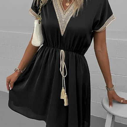 Abito corto longuette da spiaggia femminile con scollo a V in pizzo a maniche corte tinta unita estivo Abiti eleganti da donna in tinta unita bianco dolce platinumshop