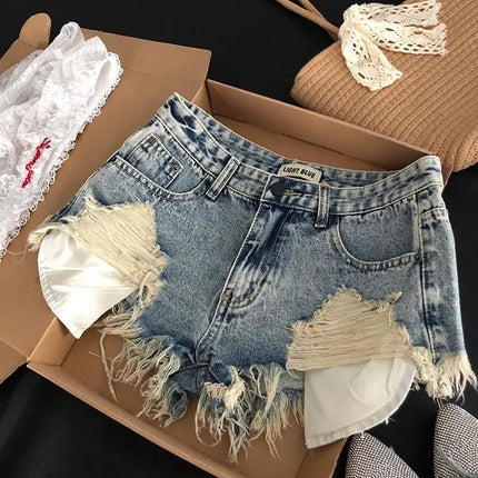 Shorts in Jeans Strappati da Donna, Design Retrò con Tasche e Bordi Sfrangiati, Stile Y2k, Aderenti e Super Corti - platinumshop