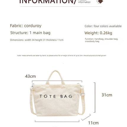Large Capacity Striped Velvet Handbag Shoulder Bag for Woman Handbags Crossbody Bags, Versatile Letter Corduroy Women's Tote Bag PlatiNum