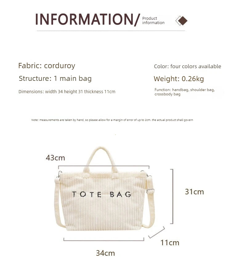 Large Capacity Striped Velvet Handbag Shoulder Bag for Woman Handbags Crossbody Bags, Versatile Letter Corduroy Women's Tote Bag PlatiNum