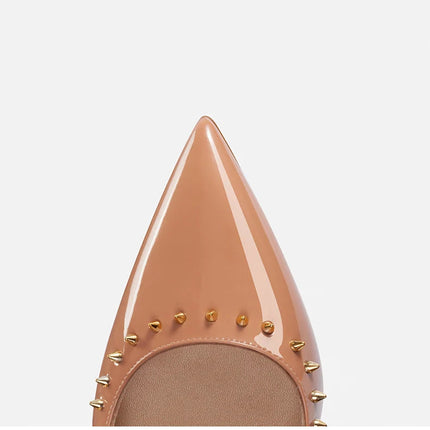 Scarpe col tacco di lusso da donna Fondo rosso lucido Décolleté a punta Rivetti di colore nudo Tacchi alti sottili Scarpe eleganti da donna di moda platinumshop