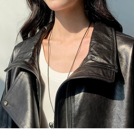 Waxed Sheepskin Genuine Leather Moto Biker Jacket Women Cropped Stand Collar Zip Up Snap Button Loose Casual Autumn Outwear 2026