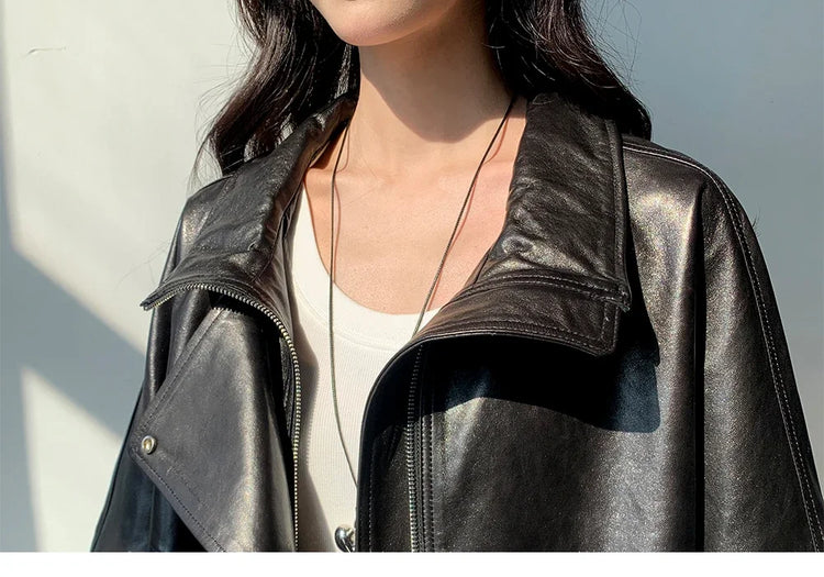 Waxed Sheepskin Genuine Leather Moto Biker Jacket Women Cropped Stand Collar Zip Up Snap Button Loose Casual Autumn Outwear 2026