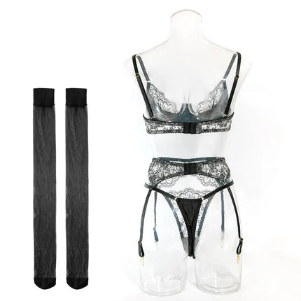 Sexy Wine Red Lace Trim Underwire Bra Lingerie Set Cut Out Garter Belt Matching Thong Intimate Sheer Nightwear Apparel Women