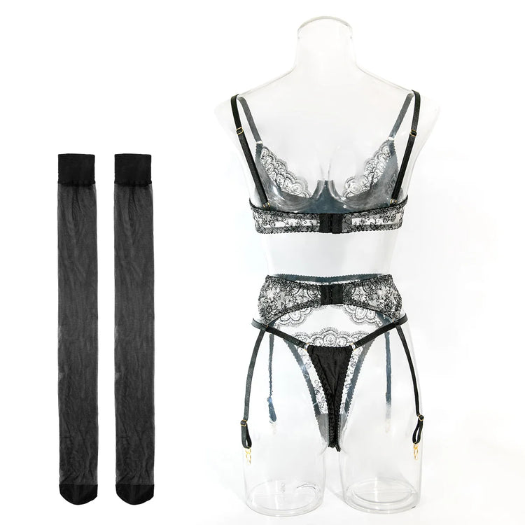 Sexy Wine Red Lace Trim Underwire Bra Lingerie Set Cut Out Garter Belt Matching Thong Intimate Sheer Nightwear Apparel Women
