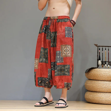 Pantaloncini da uomo estivi Pantaloni larghi casual comodi in cotone Pantaloni tradizionali al polpaccio retrò Pantaloncini traspiranti da uomo Streetwear