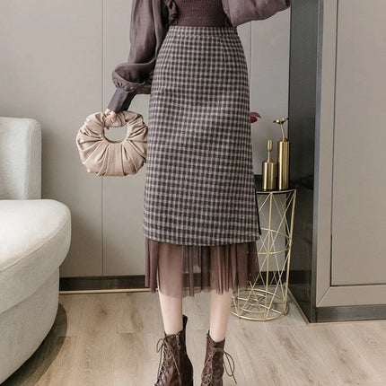 Woolen plaid skirt autumn and winter 2025 new plaid foreign style small man a word hip wrap medium and long skirt PlatiNum