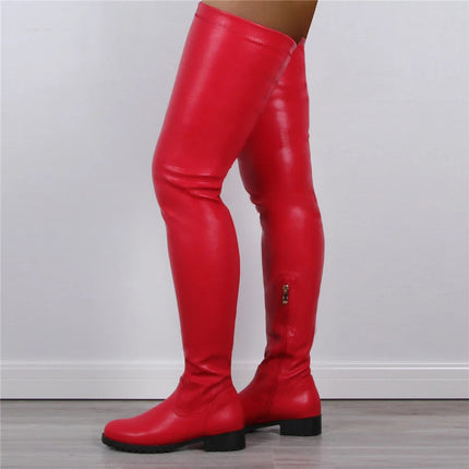 2025 Winter Over the Knee Women Boots European Platform Zipper Ladies Shoes Comfort Square High Heels Elastic Leather Long Boots PlatiNum