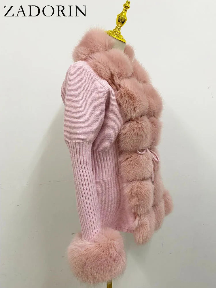 ZADORIN Luxury Fur Cardigan Knit Winter Sweater Women Elegant Detachable Fur Belt White Pink Black Womens Cardigan Korea Style