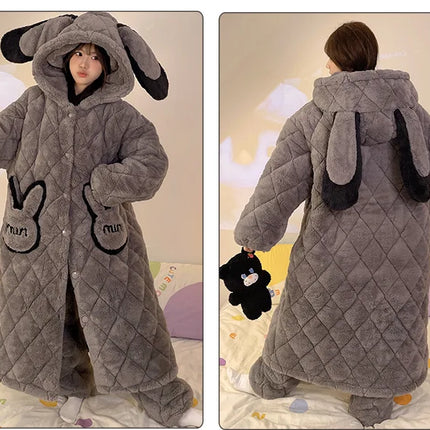 Women Winter Thickened Fleece Bathrobe Can Be Worn Outside Girls Student Hoodie Loose Pajama Two-piece Set Lady Warm Loungewear