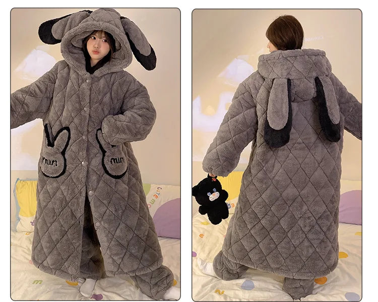 Women Winter Thickened Fleece Bathrobe Can Be Worn Outside Girls Student Hoodie Loose Pajama Two-piece Set Lady Warm Loungewear