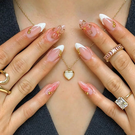 24pcs Pink Flower Almond Press on Nails Kawaii False Nails Wearable Stick-on Nails Fake Nail Uñas Postizas Накладные Ногти 네일팁2028
