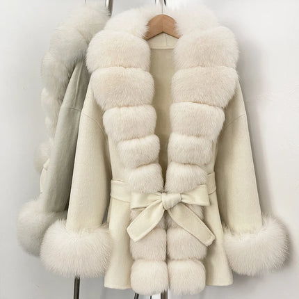 Real Fur Wool Jacket Fashion Reality Fur Jacket Women Natural Fox Fur Cuffs Winter Clothing Female Elegant with Belt Woolen Coat