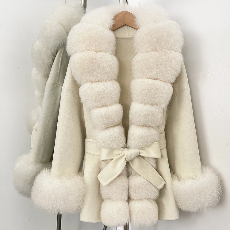 Real Fur Wool Jacket Fashion Reality Fur Jacket Women Natural Fox Fur Cuffs Winter Clothing Female Elegant with Belt Woolen Coat