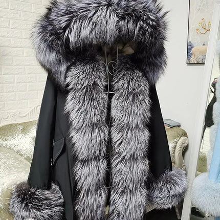 Winter Long Jacket Real Fur Coat Women Clothes Large Silver Fox Fur Collar Detachable Natural Fox Lining Parkas Leather Fur