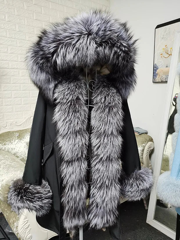 Winter Long Jacket Real Fur Coat Women Clothes Large Silver Fox Fur Collar Detachable Natural Fox Lining Parkas Leather Fur