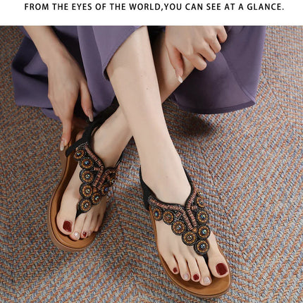 New 2026 Women's Summer Bohemian Style Sandals, Flip-Flop Design with Beaded and Rhinestone Buckle, Elastic Heel Strap, Comfortable Everyday Shoes