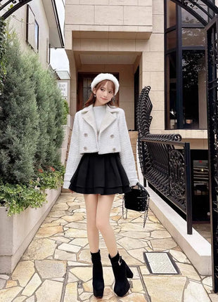 Minigonna a balze Lautaro Primavera Estate Nera Dolce Carina Kawaii a Vita Alta da Donna, Abbigliamento Cutecore Stile Giapponese Moda