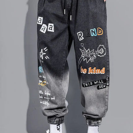 Men's Distressed Denim Pants Cuffed, Artistic Gradient Harem Jeans, Oversized Hip Hop Trousers for Spring Fall Versatile Outfits PlatiNum