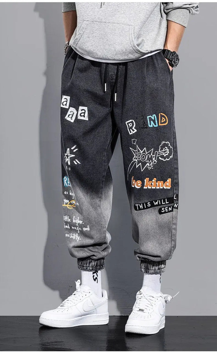 Men's Distressed Denim Pants Cuffed, Artistic Gradient Harem Jeans, Oversized Hip Hop Trousers for Spring Fall Versatile Outfits PlatiNum