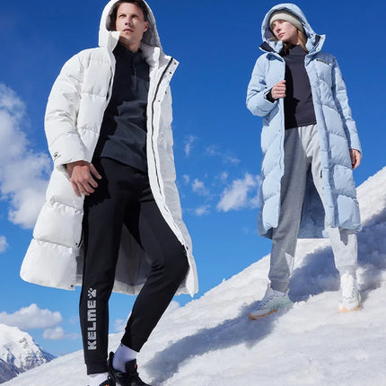 Kelme Long Down Men Winter Jacket Hooded Warm Windproof Couple Camping Equipment Paragraph Down Coat Jacket Women Утепленный