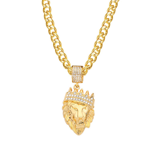 Collana animale color oro ghiacciato con testa a catena di leone con corona in acciaio inossidabile per uomo Dropshipping di gioielli Hip Hop