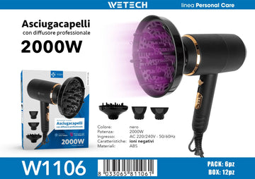 2000W Professional Negative Ionic Hair Dryer Hot Cold Air Adjustable Temperature Blow Dryer Salon Home Use With Nozzle/Diffuser Fast Drying
