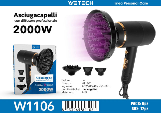 2000W Professional Negative Ionic Hair Dryer Hot Cold Air Adjustable Temperature Blow Dryer Salon Home Use With Nozzle/Diffuser Fast Drying