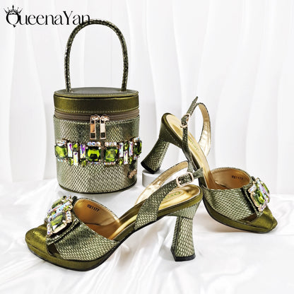 Queena Yan Nigerian-Inspired Rhinestone High Heels With Colourful Bucket Bag Fashionable Womens Footwear And Accessories Set