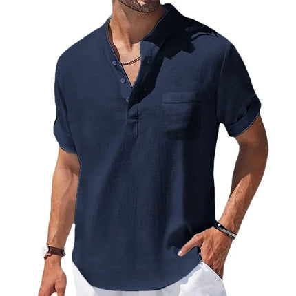 New Men's Henley Collar Casual Shirts Solid Color Short Sleeve Cotton Linen Summer Shirt Loose Breathable Beach T-shirts