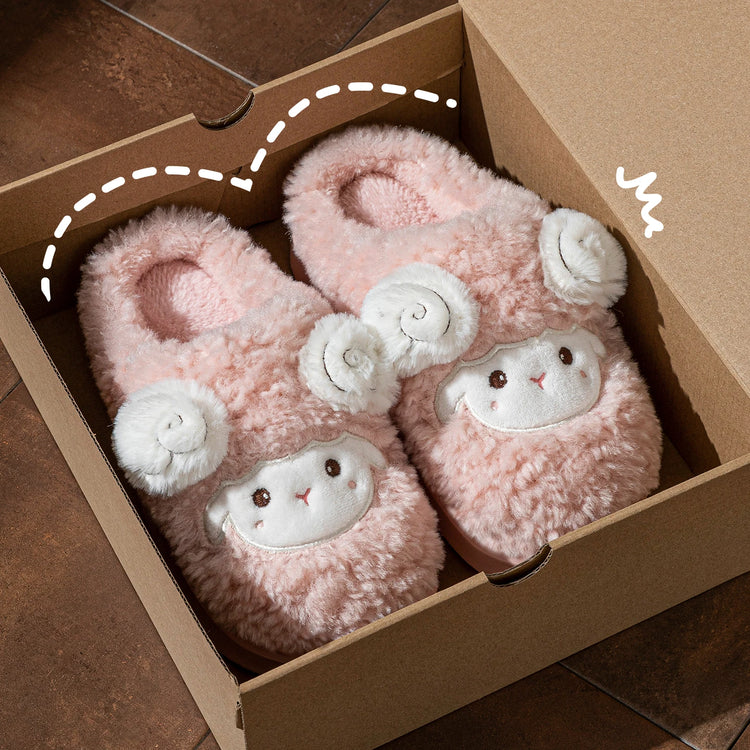 Cute Little Sheep Plush Slippers Women Winter Warm Thick Soft Sole House Shoes Indoor Fuzzy Non-Slip Comfortable Home Slides