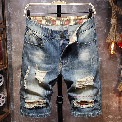Men Ripped Short Jeans Summer Cotton Knee Length Shorts Breathable Vintage Denim Pants Painted Graffiti Streetwear Cargo Jeans PlatiNum